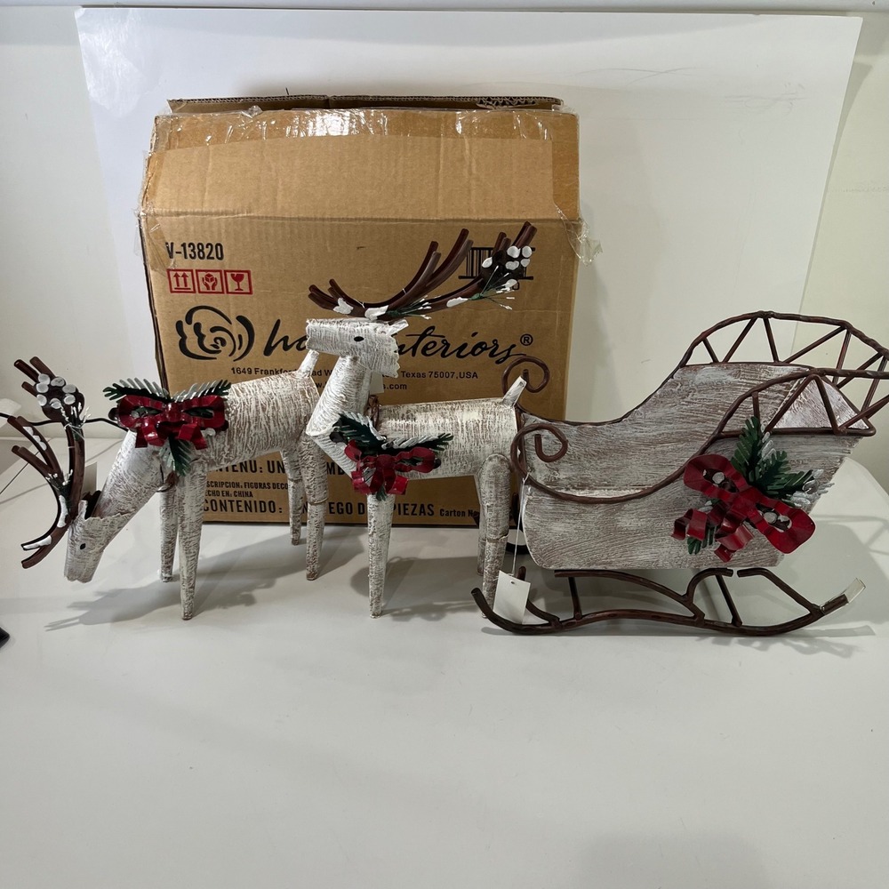 New Vtg Home Interiors Reindeer Sleigh Set Metal 3 pc Holiday Decor Chistmas